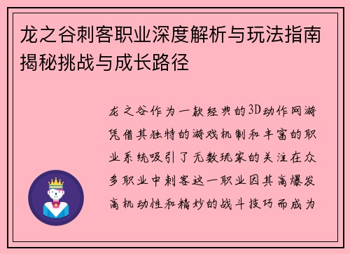 龙之谷刺客职业深度解析与玩法指南揭秘挑战与成长路径